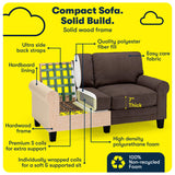 Serta Copenhagen 61" Rolled Arm Sofa, Easy Care Polyester, Soft Pillow Back, Pocket Coil Seat Cushions, Removable Covers, Loveseat or Couch for Small Spaces, Living Rooms or Bedrooms, Dark Brown Serta