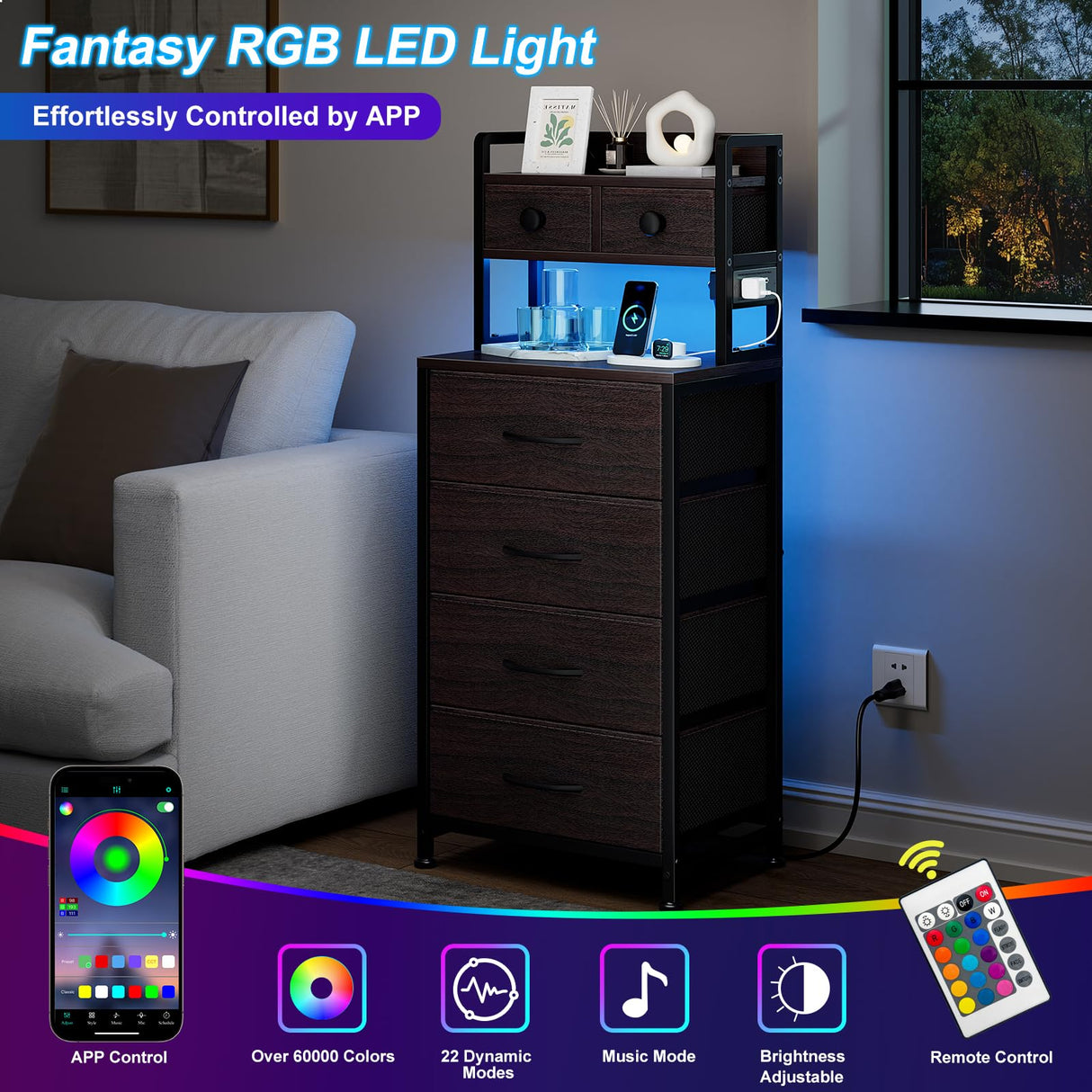 REAHOME 41 Inch Tall Nightstand with Charging Station, LED Night Stand with 6 Fabric Drawers, Bed Side Table with 3-Tier Wood Storage Shelves for Bedroom, Office, Small Spaces, Leather Brown REAHOME