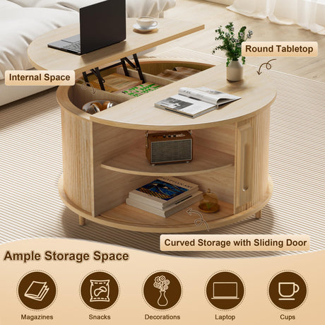 YKVIQBY Round Lift Top Coffee Table, 31.5" Fluted Wood Accent Coffee Table with 180° Curved Sliding Door, Hidden Storage, Mid Century Modern Center Table for Living Room Office Small Spaces, Oak YKVIQBY