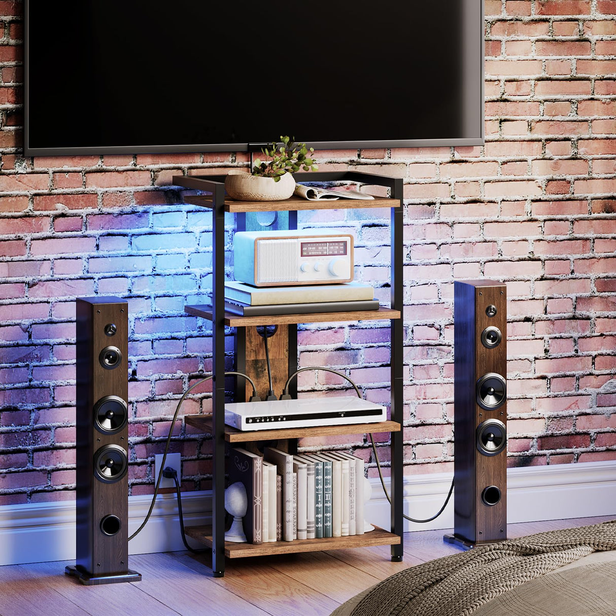 HOOBRO 4-Tier AV Media Stand, Media Console with Charging Station and LED Light Strip, Entertainment Device Stand, Game Console, Record Player, Media Accessories, Rustic Brown and Black BF38UDCJ01 HOOBRO