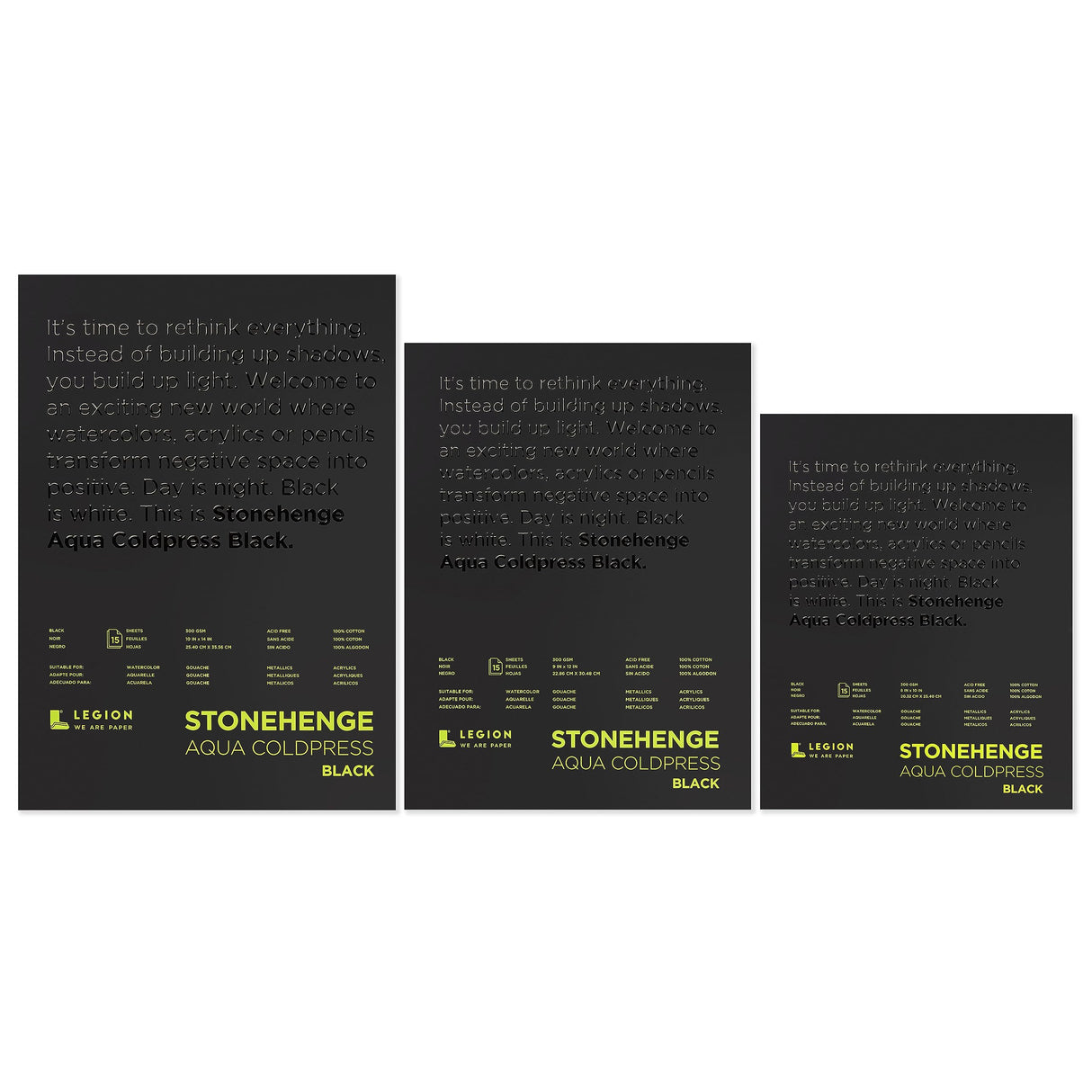 Stonehenge Aqua Black Medium Weight Pad, 140lb, Coldpress, 10 x 14 Inches, 15 Sheets for Wet and Dry Media LEGION