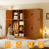 Unikito 71'' Farmhouse Wardrobe Closet with Hanging Rod, 4 Barn Door Storage Cabinet with Adjustable Shelves, Freestanding Closet Wardrobe Cabinet for Bedroom Living Room Office, Highland Oak Unikito