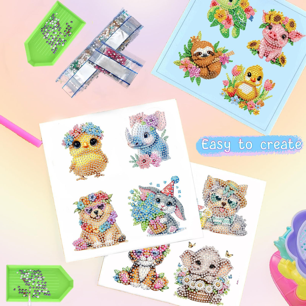 xackcme 48 Pcs Diamond Art Painting Sticker Kits for Kids, Animal Diamond Gem Stickers Kit, 5D Animals Gem Art Stickers Mosaic for Kids Gift for Boys Girls 4-8-10-12 Years Old xackcme