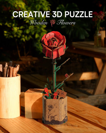 ROBOTIME 3D Puzzle Wooden Flower Red Rose DIY Model Kit to Build for Adults Artifical Bouquet Collection Craft Brain Teaser Puzzle Creative Gift Home Decor - WoodArtSupply