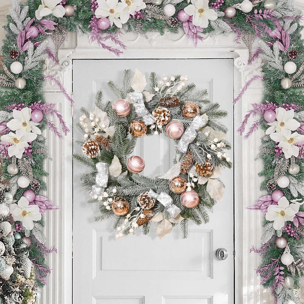 20" Christmas Wreath with Balls, Christmas Door Wreath with Bow Ribbon Berries & Pine Cones Xmas Wreaths for Front Door Wall Home Outdoor Decor Elyum