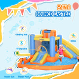 Outsunny 5-in-1 Kids Inflatable Bounce House Jumping Castle with Water Pool, Slide, Climbing Walls, & 2 Water Guns, Orange, Blue, Yellow Outsunny