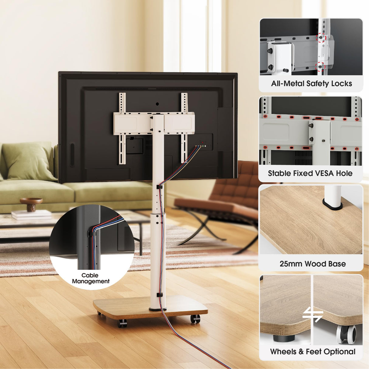 AOKCOS Rolling TV Stand Portable Mobile TV Stand on Wheels for 32-65 Inch TV, 8 Level Height Adjustable, 12°Tilt & 60°Swivel Outdoor TV Stand, Holds up to 88Lbs,White AOKCOS