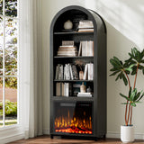 2-in-1 Arched Cabinet with Electric Fireplace–Black Bookcase, Open Book Shelf for Living Room, 71” Tall Wooden Display Cabinet, Kitchen Pantry, Adjustable Shelves, 23'' ETL-Certified Fireplace Insert BREEZEHEAT