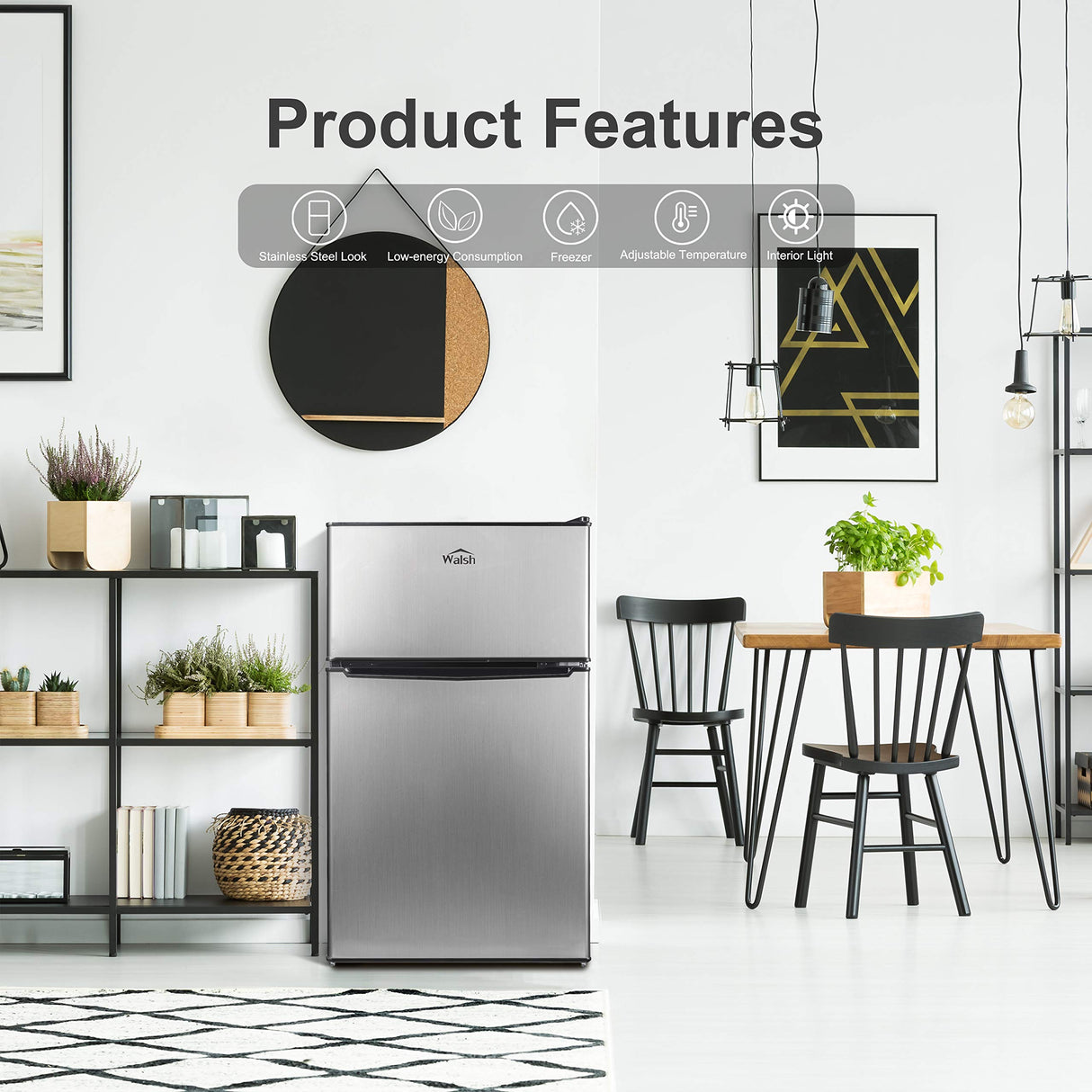 Walsh Compact Retro Refrigerator, Dual Door Mini Fridge, Energy Efficient, Adjustable Mechanical Thermostat with Freezer, Reversible Doors with leveling Front Legs, 3.1 Cu Ft, Stainless Steel Walsh