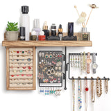 SOLIMINTR Hanging Jewelry Organizer Wall Mount with Rustic Wood Shelf, Ring Display Box, Ear Studs Earring Holder, Rotating Necklace Holder Organizer SOLIMINTR