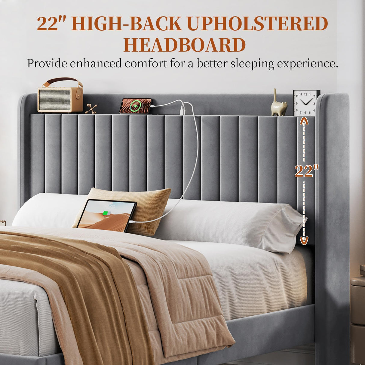 Yaheetech Queen Bed Frame with USB Charging Station and Storage Shelf/Upholstered Headboard Platform Bed with Wing Side/Wooden Slats Support/Noise Free/No Box Spring Needed/Easy Assembly, Light Grey Yaheetech