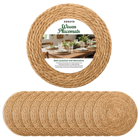 13 in Round Woven Placemats Plate Chargers Set of 12, Boho Farmhouse Rustic Woven Place Mats for Kitchen Dining Party Table Decor, Rattan Wicker Table Mats Jute Braided Chargers for Dinner Plates XOHUYD