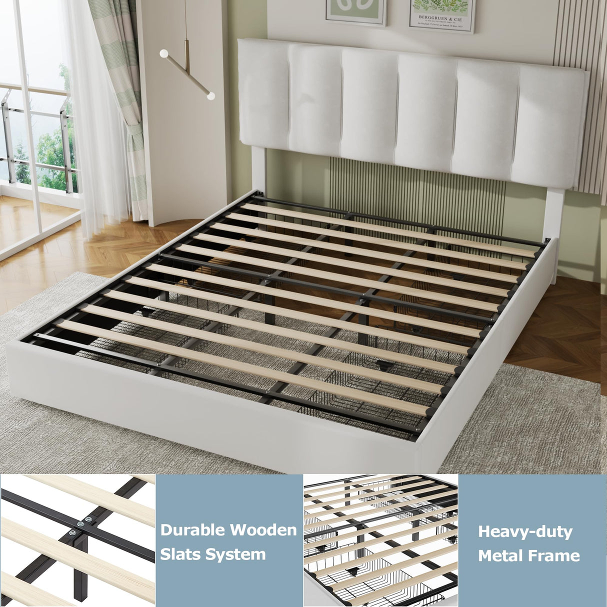 VECELO King Size Bed Frame with 4 Storage Drawers, Adjustable Height Headboard, Heavy-Duty Platform Bedframe with Strong Wooden Slats, No Box Spring Needed, Pure White VECELO