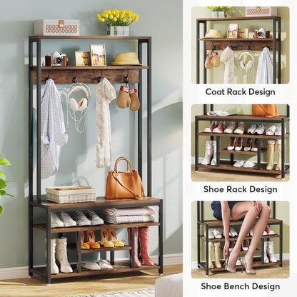 Tribesigns Entryway Bench with Coat Rack, 4 IN 1 Hall Tree with Shoe Rack, Shoe Bench, 4 Hanger Hooks and Storage Shelf for Entryway, Hallway (Rustic Brown)