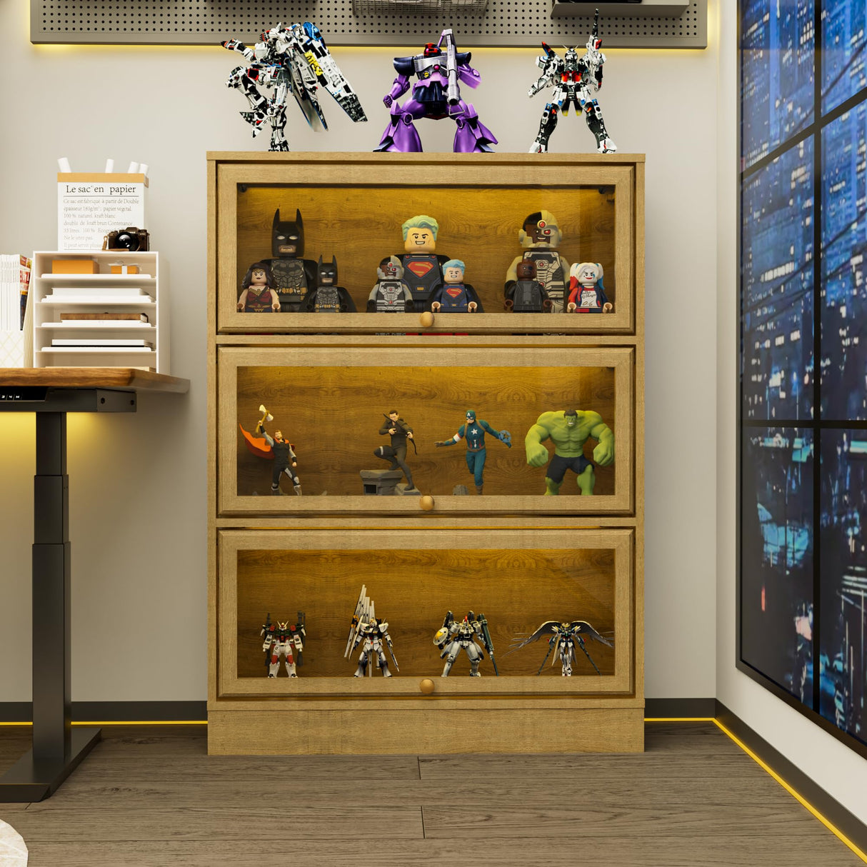 BONITURE Display Cabinet with Acrylic Glass Doors,3-Tiers Curio Cabinet with LED Lighting for Collectibles, Collectibles Toy Organizers Rack & Display Shelf Display Case Storage Cabinet, Nature BONITURE