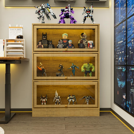 BONITURE Display Cabinet with Acrylic Glass Doors,3-Tiers Curio Cabinet with LED Lighting for Collectibles, Collectibles Toy Organizers Rack & Display Shelf Display Case Storage Cabinet, Nature BONITURE