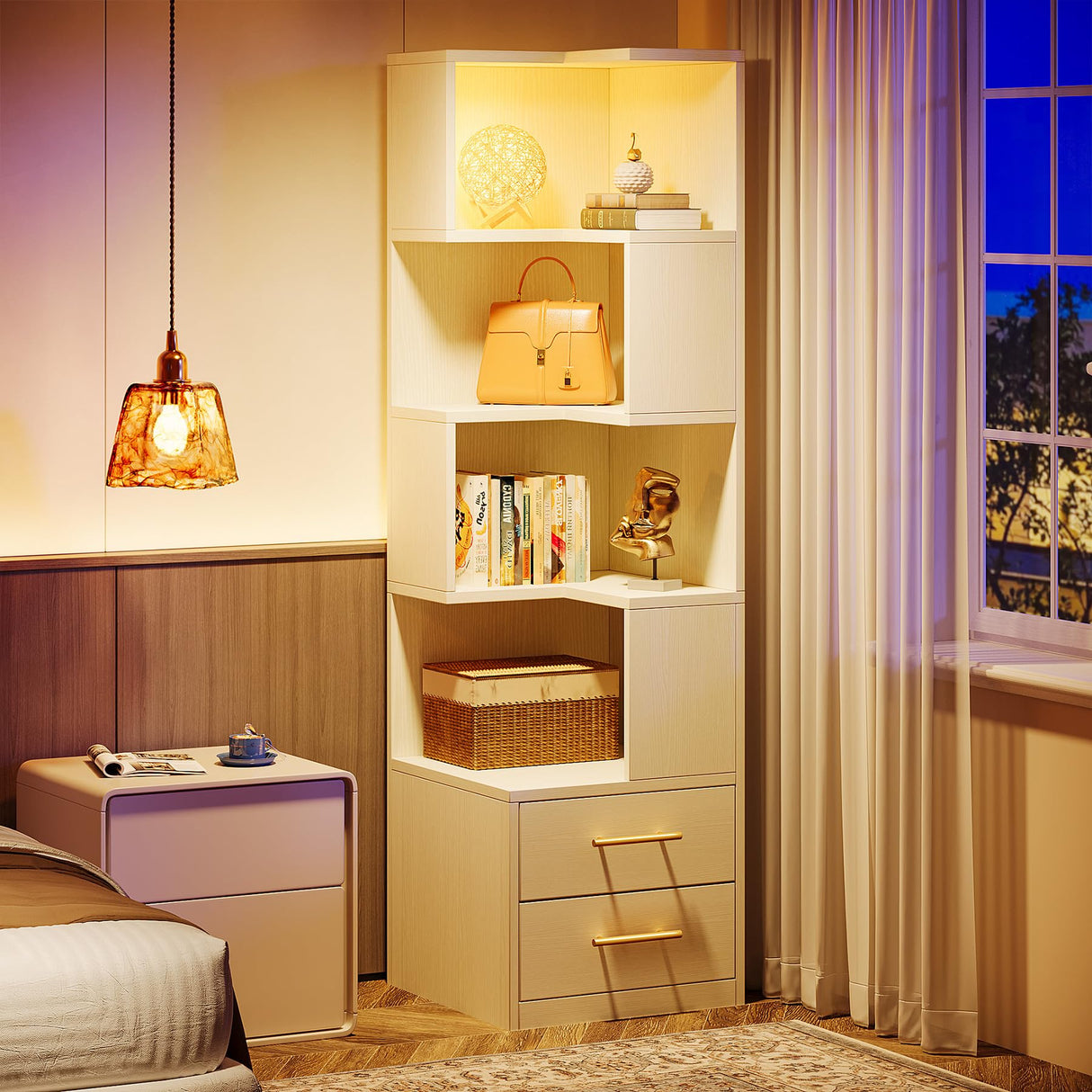 Tribesigns 5-Tier Beige Corner Bookshelf with 2 Drawers – Modern Storage Solution for Home and Office Tribesigns