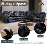 JBXBER Power Recliner Sectional Sofa Set for Living Room, Leather Recliner Sofa Sets, L-Shaped Corner Sectional Couch Sets with LED Lights, Console Storage(Sectional,Black) JBXBER