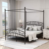 AUFANK Queen Size Canopy Bed Frame Four-Poster Metal Platform Bed with Headboard and Footboard Sturdy Heavy Duty Steel Slat Support No Box Spring Needed Black AUFANK