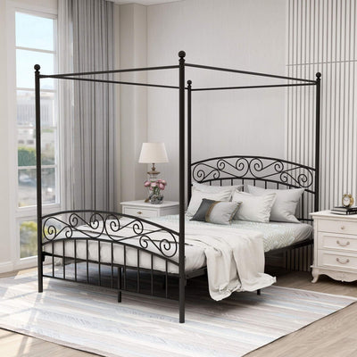 AUFANK Queen Size Canopy Bed Frame Four-Poster Metal Platform Bed with Headboard and Footboard Sturdy Heavy Duty Steel Slat Support No Box Spring Needed Black