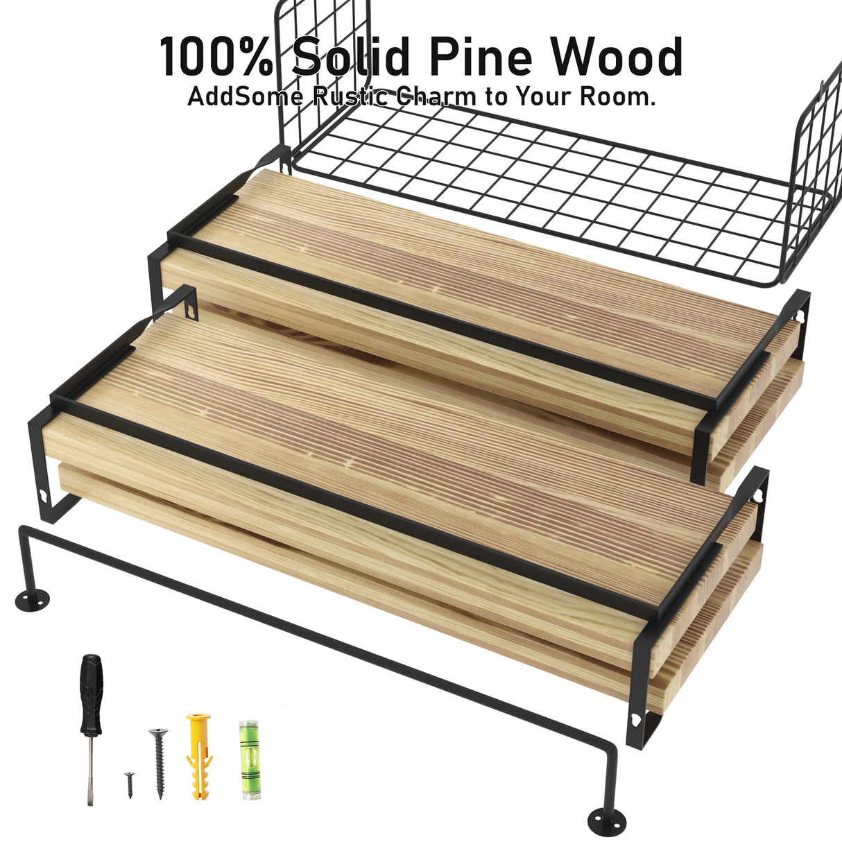 LUDORU Wood Floating Shelves Wall Mounted - 4+1 Tier Rustic Bathroom Wall Shelves Over Toilet with Wire Storage Basket and Towel Bar, Set of 4 Farmhouse Floating Shelf for Bathroom, Kitchen, Bedroom. LUDORU