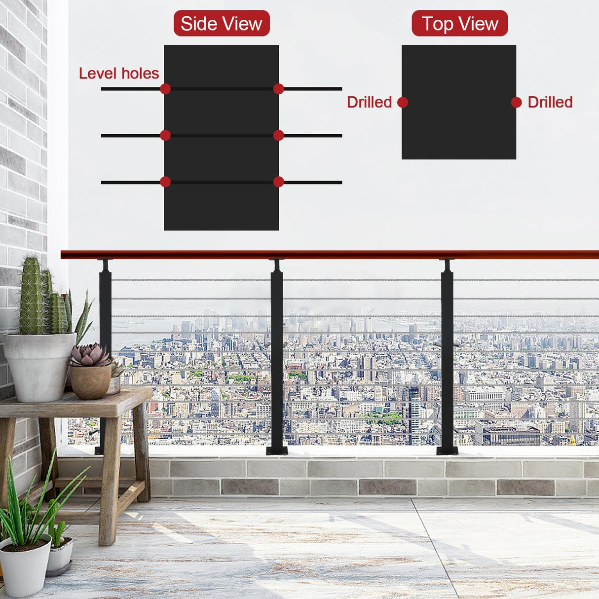4 Pack Cable Railing Post 36" (Post 36"x2"x2"), Fixed Top Mount Level Drilled Railing Post with Cable Grommets, Adjustable Top Level Line Post Cable Handrail Post, Cable Railing System DIY Kit. HUATOL