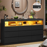 HAUOMS Black Dresser for Bedroom with LED Lights, Large Chest of Drawers Handle Free, Modern Long Dresser with 9 Drawers & Charging Station,for Living Room,Cloakroom,Entryway HAUOMS