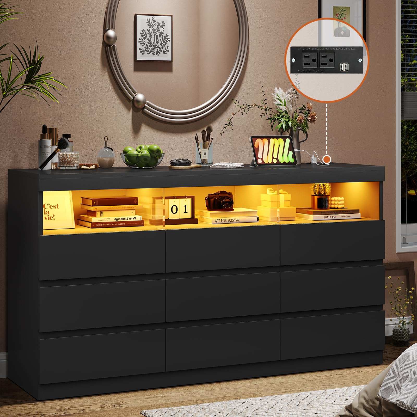 HAUOMS Black Dresser for Bedroom with LED Lights, Large Chest of Drawers Handle Free, Modern Long Dresser with 9 Drawers & Charging Station,for Living Room,Cloakroom,Entryway - WoodArtSupply