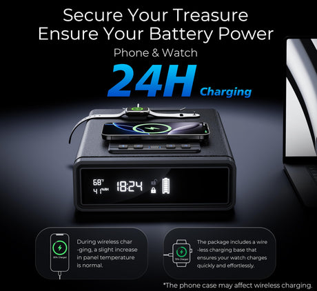 Smart Biometric Safe with Wireless Charging for Phone & Watch, 3 Access Methods to Unlock, Nightstand Drawer Safe LED Display with Humidity & Temperature Monitoring, Stopbox for Cash and Valuables ORARAER