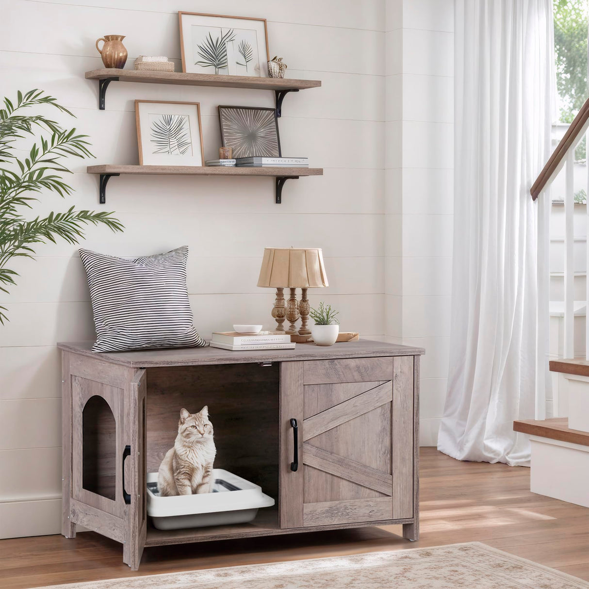 ZENY Cat Litter Box Enclosure, Litter Box Furniture Hidden, Wooden Litter Cabinet with Divider, Farmhouse Style Cat Washroom Storage Bench，Fit Most of Litter Box, Greige ZENY