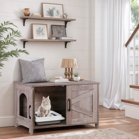 ZENY Cat Litter Box Enclosure, Litter Box Furniture Hidden, Wooden Litter Cabinet with Divider, Farmhouse Style Cat Washroom Storage Bench，Fit Most of Litter Box, Greige ZENY