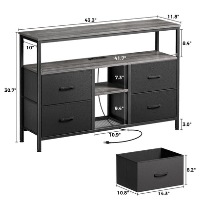 Huuger TV Stand Dresser with Power Outlets and LED Lights, 4 Drawers Entertainment Center with Open Shelf, Media Console for 50 43 Inch TV, Dresser with PU Finish, Grey and Black - WoodArtSupply