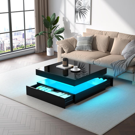 FKWin LED Coffee Table for Living Room with Storage - High Glossy Modern White Center Table with 2 Drawers, Square Wooden Middle Table with 16-Color Lights 31"" x 31"" x 14.6"" (Black) FKWin
