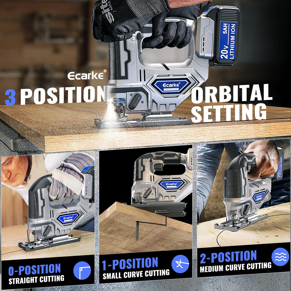 Cordless Jigsaw Tool Compatible with Dewalt 20V Battery, Variable Speed, LED Light, 0°-45° Bevel Cuts, 3-Position Orbital Action, Brushless Motor for Straight Curve Circle Cutting Ecarke