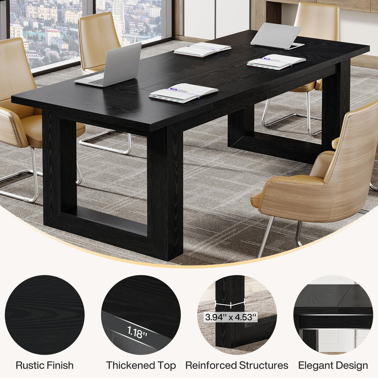 Tribesigns Conference Table, Modern Office Meeting Table, 5 ft Conference Room Table with Solid Wooden Base, Large Rectangular Business Furniture Seminar for Boardroom (1, Black) Tribesigns