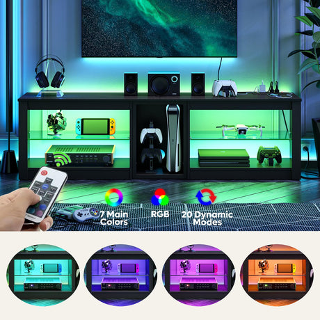 Bestier TV Stand for 70 inch TV with Power Outlets, LED Entertainment Center for PS5, Gaming TV Consoles with Glass Shelves for Living Room, 63'' Inch, Black Carbon Fiber Bestier