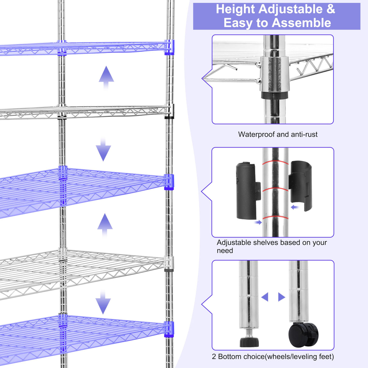 Whitmor 4 Tier Storage Shelves, Heavy Duty with Wheels, Adjustable Steel Organizer Wire Rack, 400 lbs Capacity per Shelf, Max 1600 lbs Total for Garage, Kitchen, Plant, 36" L x 14" W x 54" H, Chrome Whitmor