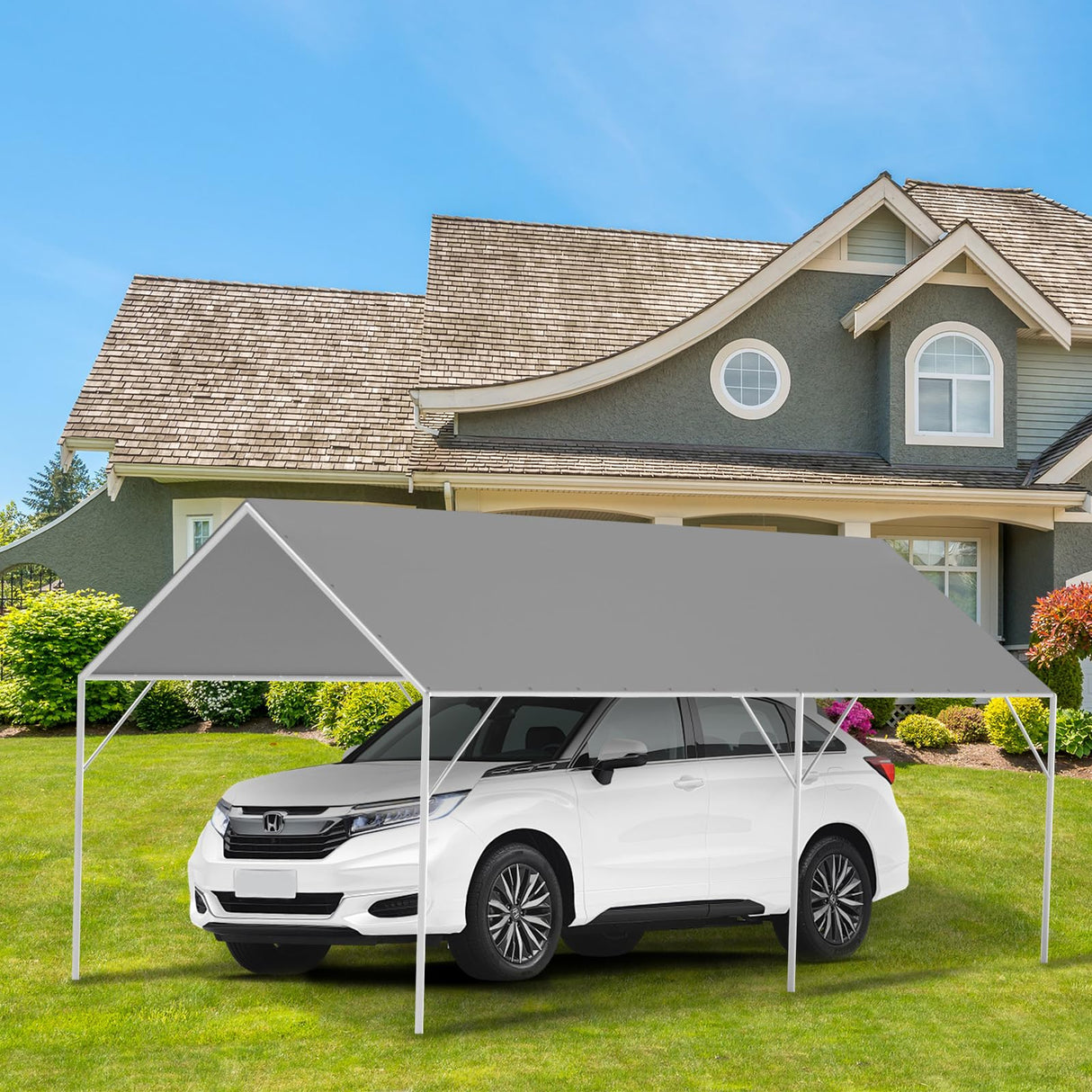 Canopy Tarp Replacement Cover for 12' x 20' Carport Frame, 200G Heavy Duty Replacement Top Cover for Car Garage, Waterproof & UV Protected Tarp with 50 Ball Bungees (Only Cover), Grey Fetuero