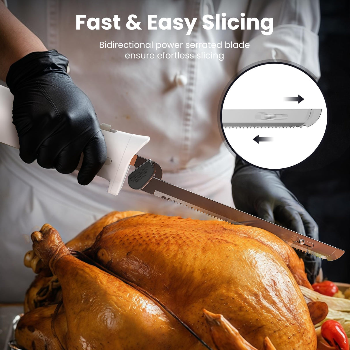 DUSSAL Electric Knife, Electric Carving Knife, 4 Stainless Steel Blades, Safety Lock Switch, Blade Release Buttons, On/Off button, Carving Meats, Poultry, Bread, Cheese & More (White) D DUSSAL