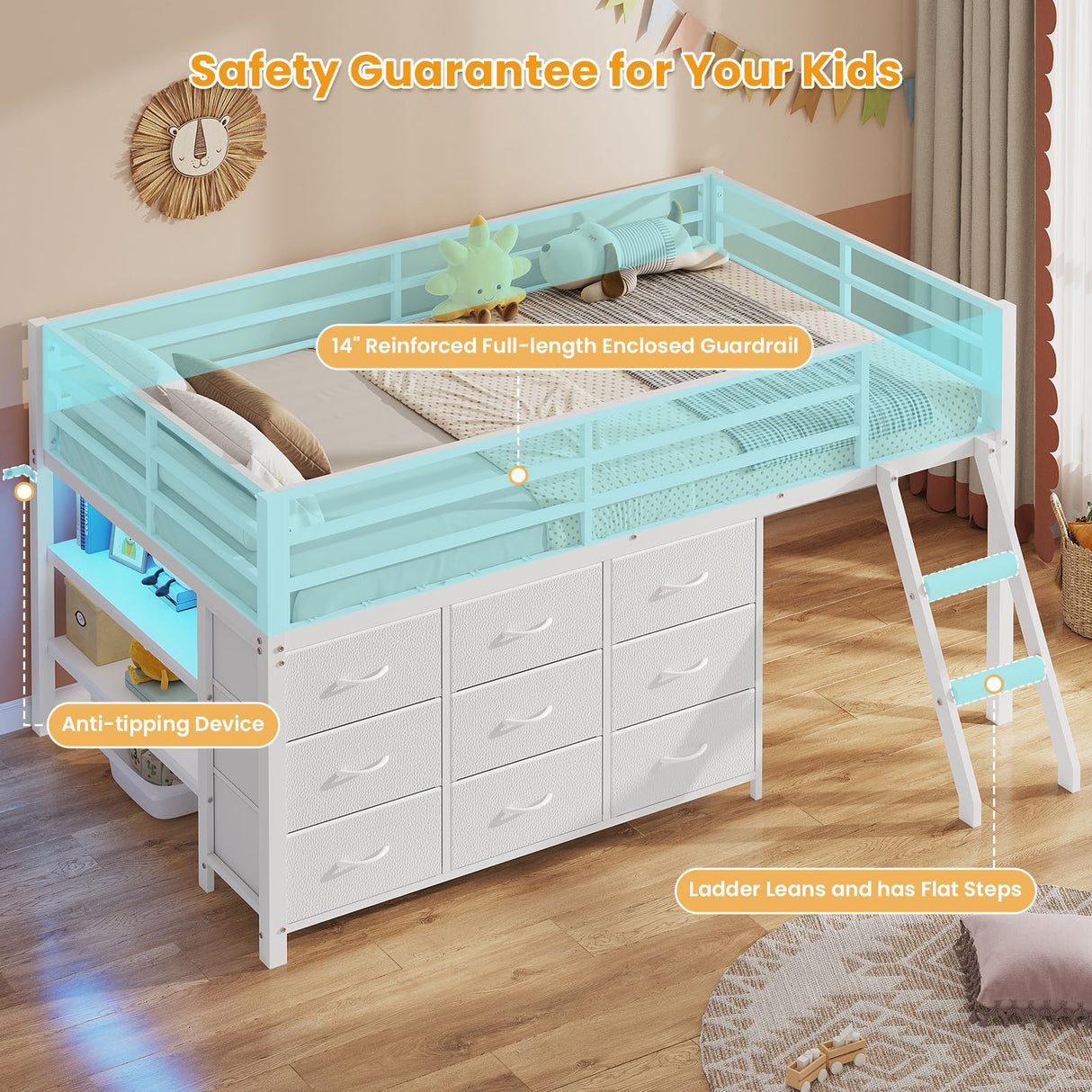 BTHFST Twin Loft Bed for Kids, Low Loft Bed Twin Size with 9 Storage Dresser, LED Lights, 2 Storage Shelves & Stairs, Metal White Bed with Safety Guardrail for Young Teens, Space Saving, White BTHFST