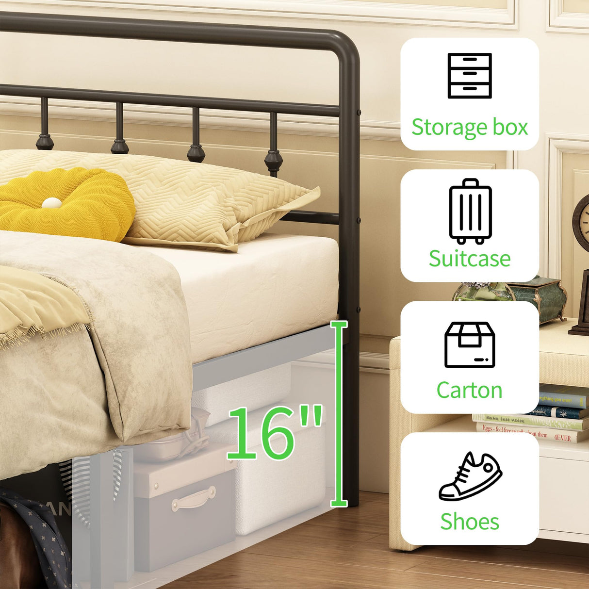 EMODA 16 Inch Twin Bed Frames with Headboard and Footboard, Heavy Duty Twin Platform Bed, Metal Slats Support Mattress Foundation, No Box Spring Needed, Easy Assembly EMODA