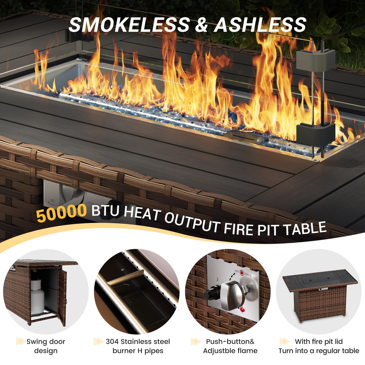 Amopatio 8-Piece Wicker Outdoor Patio Furniture Set with Ottoman, Sectional Couch, 44” Metal Fire Pit Table for Patio, Porch, Backyard - Weather Resistant, Comfortable Cushions, Grey Amopatio