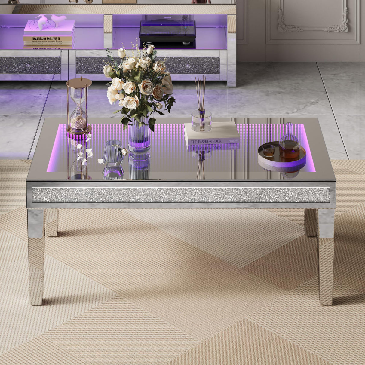 Alohappy Mirrored Coffee Table with Lasagna Light, Glass Rectangle Coffee Tea Table with Crushed Diamond for Living Room, Tempered Glass Silver Coffee Table for Bar, Game Room Decor Alohappy