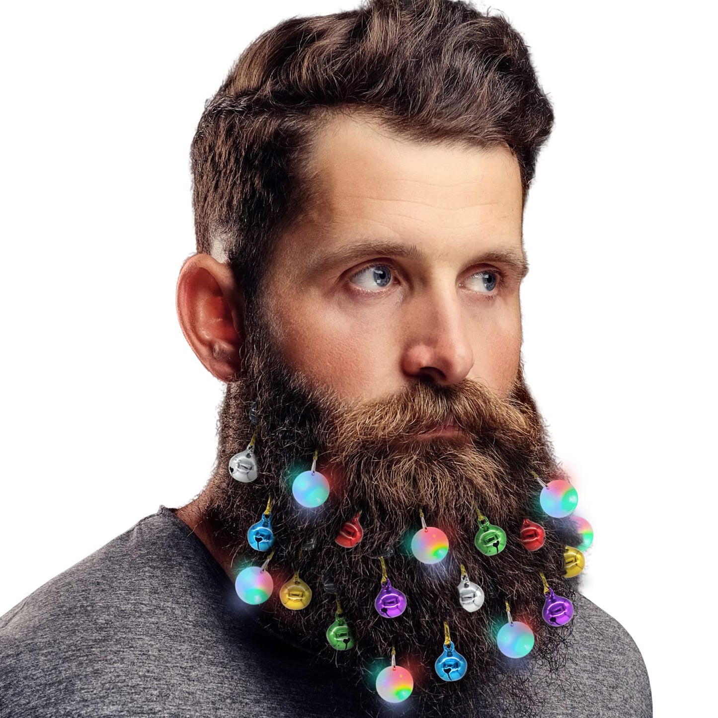 DecoTiny 20pcs Light Up Beard Ornaments, 12 Pcs Sounding Jingle Bells, 8Pcs Beard Lights Beard Bauble Ornaments, Great Christmas and New Year Festival Gift