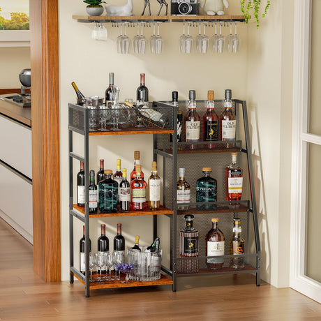ThreeHio Liquor Stand, 6-Tier Stepped Bar Cabinet Freestanding Floor for Whiskey & Wine Bottles, Versatile Corner Bar Stand with Fences, Mini Liquor Cabinet Perfect for Home Bar or Kitchen ThreeHio