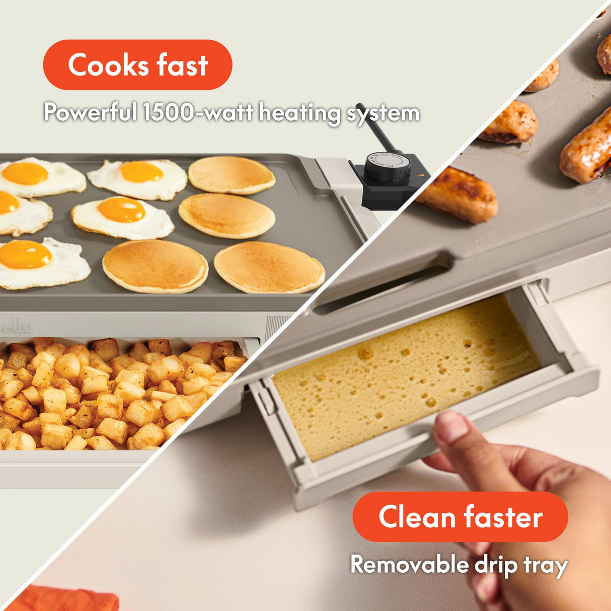 bella 10" x 20" Electric Griddle with Warming Tray, EverGood™ Ceramic Nonstick Coating & Removable Temperature Probe, Dishwasher-Safe Drip Tray & Cool Touch Handles, 1500 Watt, Oatmilk BELLA