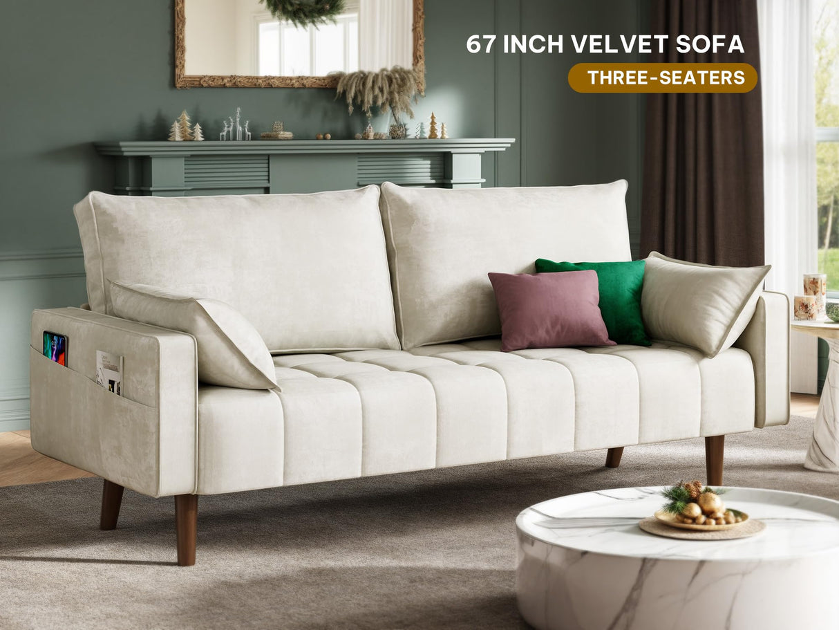 YITAHOME 56" Loveseat Sofa, Velvet Fabric Sofa Couch for Small Space, Modern Loveseat with Button Tufted Seat and Side Storage Pockect, 2 Seater Couch for Living Room Bedroom, 2 Pillow Included, Beige YITAHOME