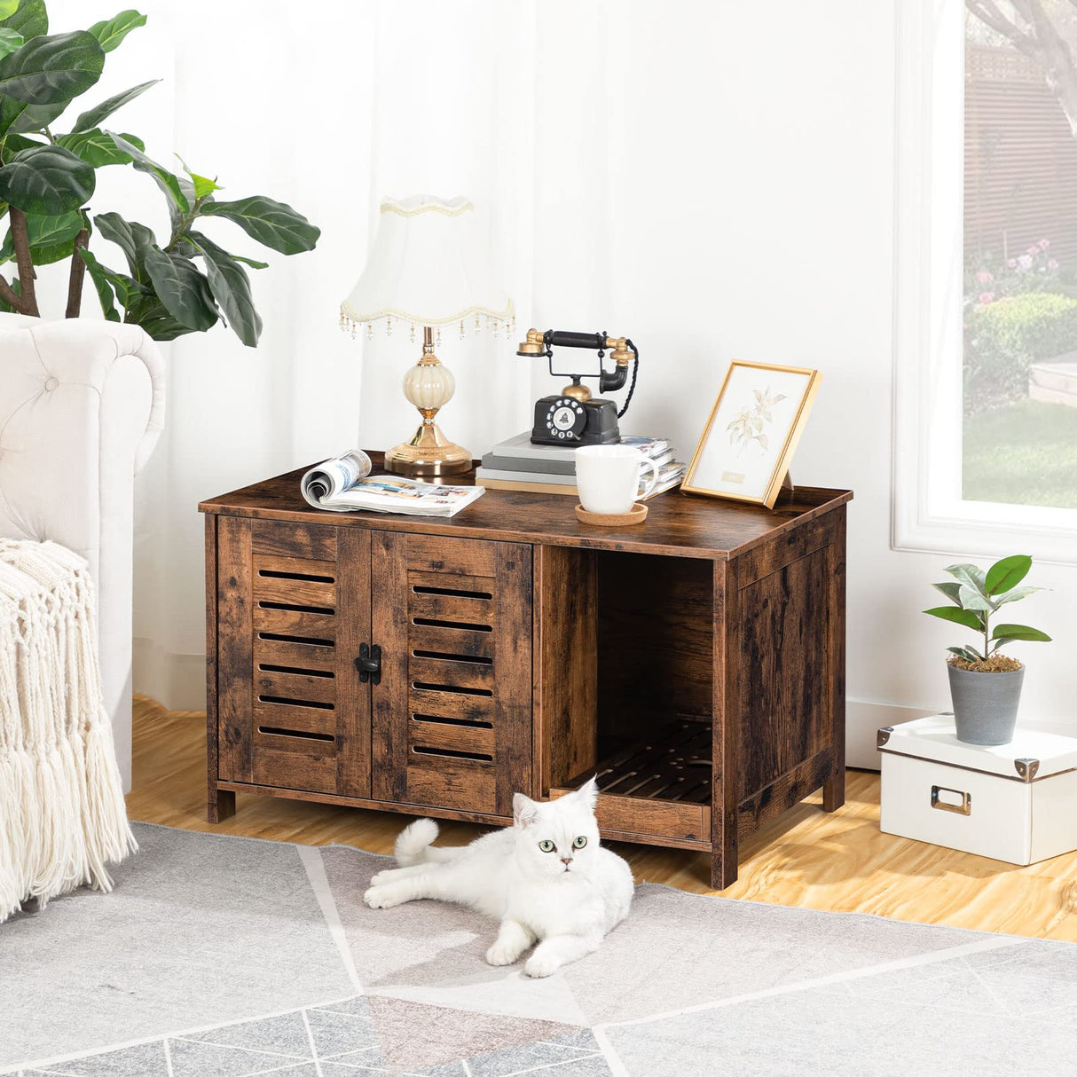 HOOBRO Cat Litter Box Enclosure, Double Door Litter Box Furniture, Hidden Litter Box Furniture, Splash-Proof Litter Control Board, Side Table, Coffee Bedside Table, Rustic Brown FG80MW01 HOOBRO