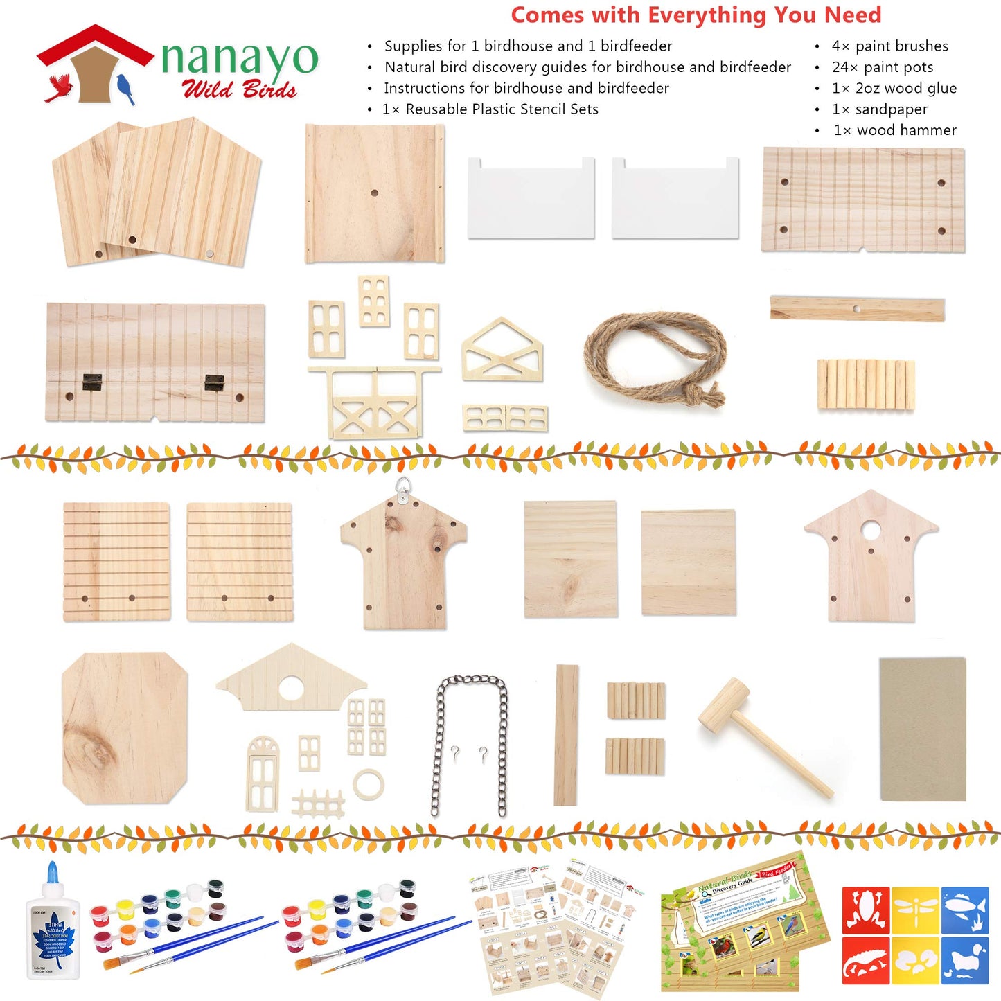 nanayo Wild Birds DIY Bird House Kit for Kids to Build - Birdhouse and Bird Feeder Wood Building Kits with Hanging Chain and Rope, Mallet, Paints and Brushes, Sandpaper, Glue and Bird Discovery Guide