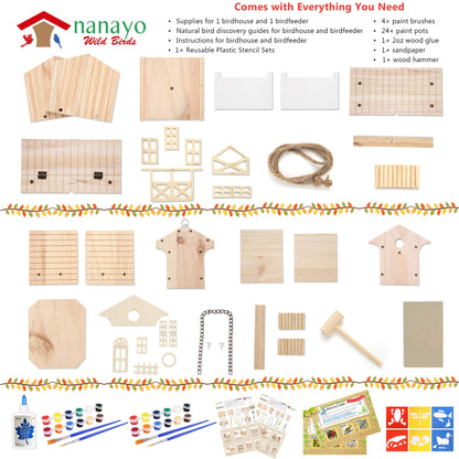 nanayo Wild Birds DIY Bird House Kit for Kids to Build - Birdhouse and Bird Feeder Wood Building Kits with Hanging Chain and Rope, Mallet, Paints and Brushes, Sandpaper, Glue and Bird Discovery Guide